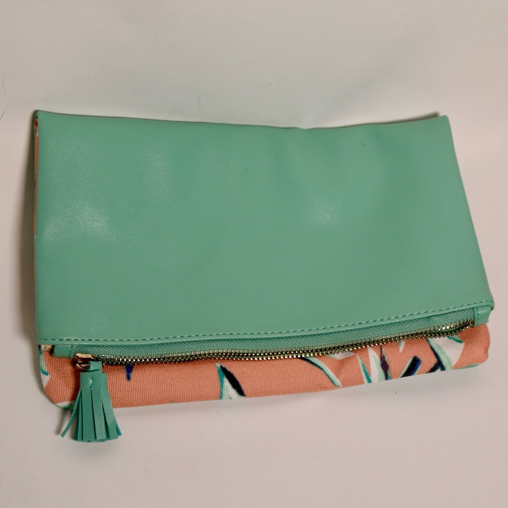 Rachel Pally Green and Tan Clutch with Tassel Accent
